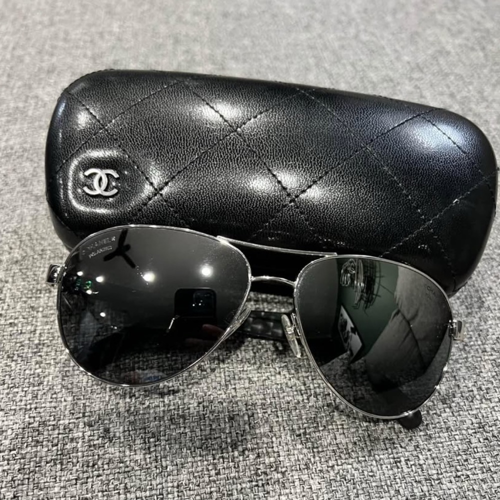 CHANEL Silver and Black Aviator Sunglasses with Quilted Case